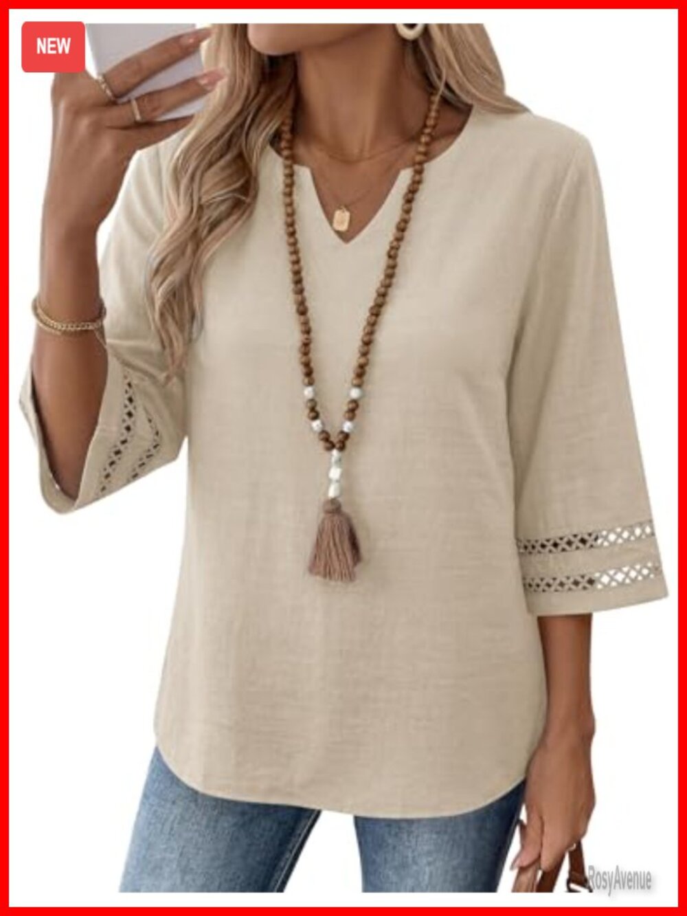 Women's 3/4 Sleeve V-Neck Boho Tunic Top Rayon Blend Loose Fit Casual